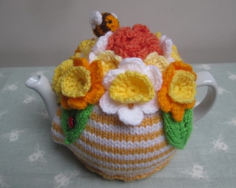 Hand Knitted Spring Bloom Floral Tea Cosy With Crochet Flowers Fits A Medium 5/6Cup 1.1 Litre Teapot