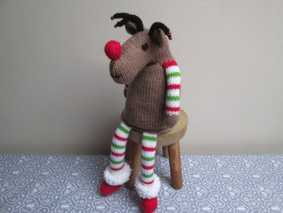 Hand Knitted Santas Reindeer Christmas Toy Plushie Doll Decoration Ornament ~ Ready To Ship