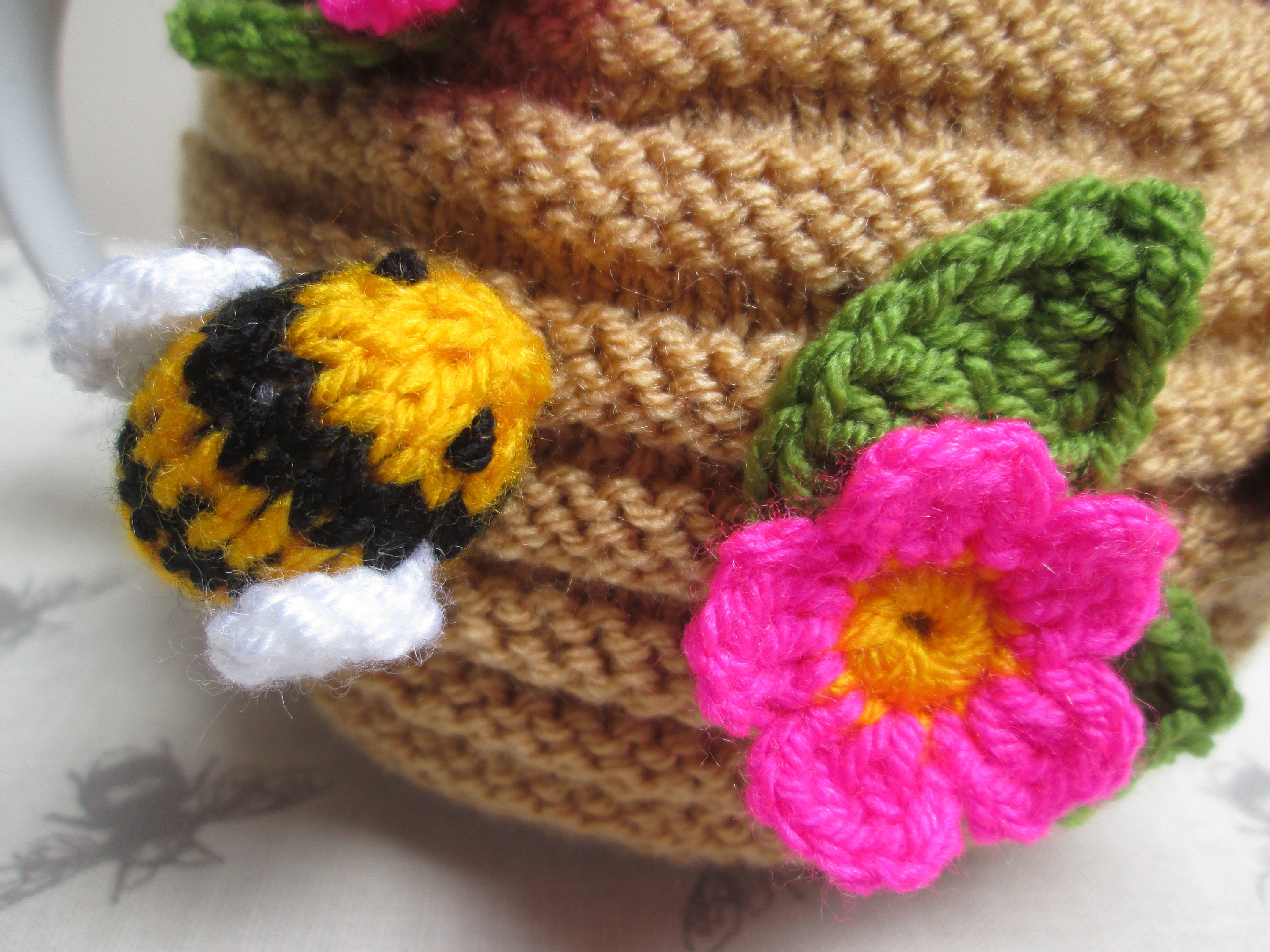 Hand Knitted Bee Hive Tea Cosy Cozy With Bumble Bees & Flowers Etsy