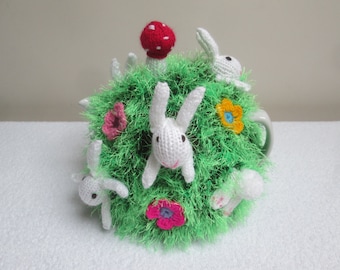 Knitted Pesky Rabbits Tea Cosy Fits A  Medium 5/6 Cup Teapot