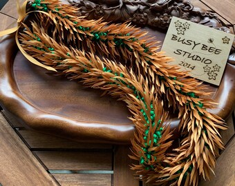 Hawaiian Rust Gold and Emerald Green Satin Ribbon Ginger Lei