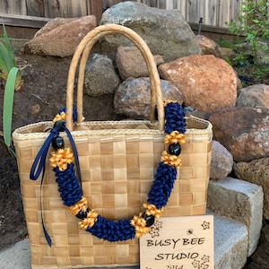 Hawaiian Navy Blue and Gold and Kukui Nut Ribbon Lei (1” wide)