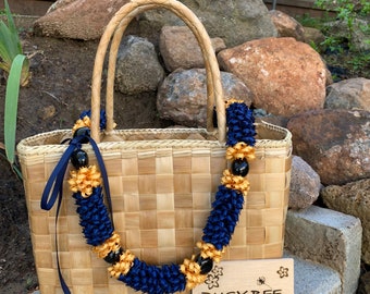Hawaiian Navy Blue and Gold and Kukui Nut Ribbon Lei (1” wide)