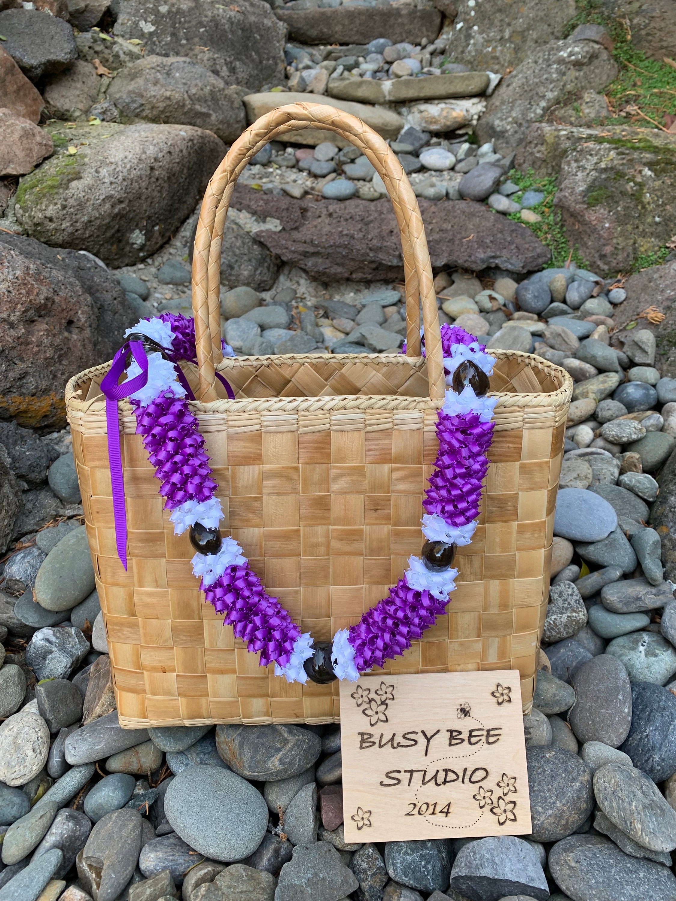 Hawaiian Purple Pikake with White Trim and Kukui Nut Ribbon Lei