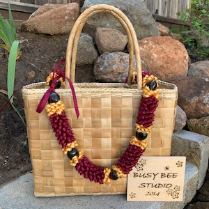 Hawaiian Pikake Maroon Burgundy Red and Gold Kukui Nut Ribbon Lei (1” wide)