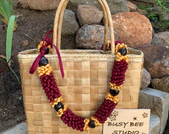 Hawaiian Pikake Maroon Burgundy Red and Gold Kukui Nut Ribbon Lei