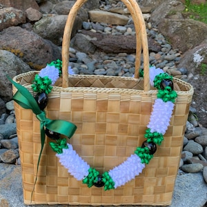 Hawaiian White Pikake with Green Trim and Kukui Nut Ribbon Lei (1” wide)