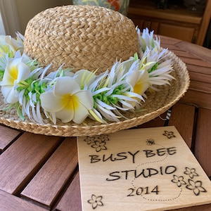 Hawaiian White/Yellow and Lime Green Ginger Ribbon Lei Po’o Haku Lei with Plumerias hatband 25 inches; headband 20 inches (hat not included)