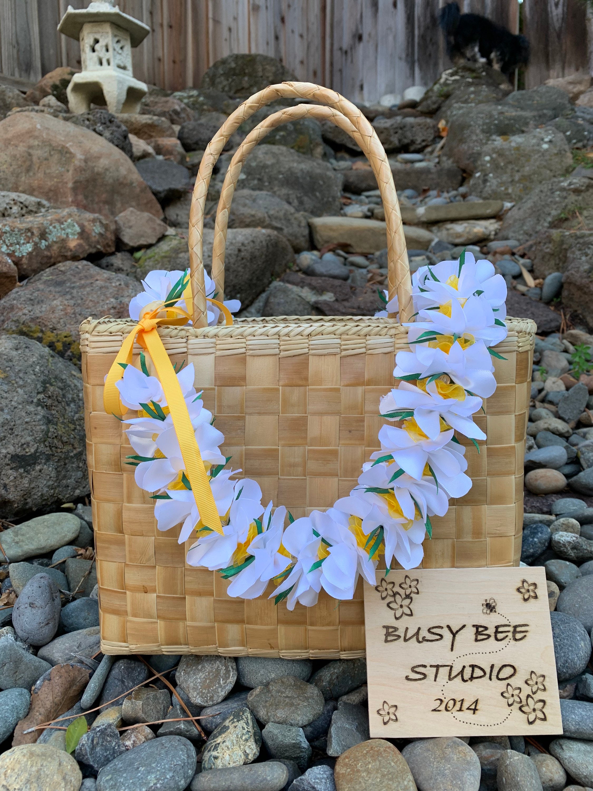 Handmade Yellow and White Floral Satin Ribbon Lei. Hawaiian Satin Ribbon White and Yellow Floral Lightweight  main image 2