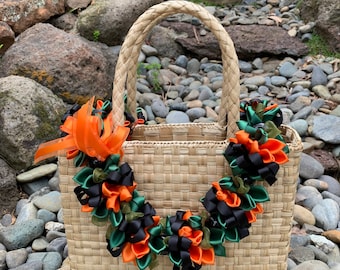 Hawaiian Orange and Black Kukui Nut Satin Ribbon Lei