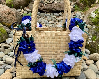Hawaiian Royal Blue and White Blossoms Satin Ribbon Lei