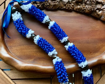 Hawaiian Royal Blue Pikake with White Trim and Kukui Nut Ribbon Lei