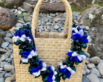 Hawaiian Royal Blue and Silver Kukui Nut Satin Ribbon Lei