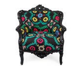 Antique Louis XV Rococo armchair, vintage furniture, suzani