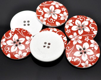5 Wooden LARGE Funky Red Flower Buttons 40mm Sewing scrap book