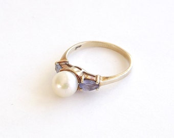 Vintage 14k Gold Tanzanite & Pearl Ring, Size 5.5