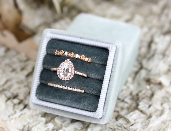 Triple Ring Velvet Box, Gray Stacking Ring Storage, Bridal Gift