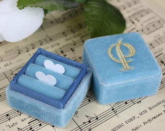 Vintage Blue Velvet Ring Box, Handmade Wedding Keepsake