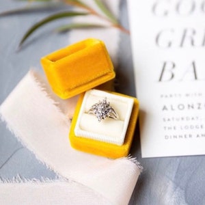 Yellow Velvet Triple Ring Box, Vintage Style Wedding Ring Display