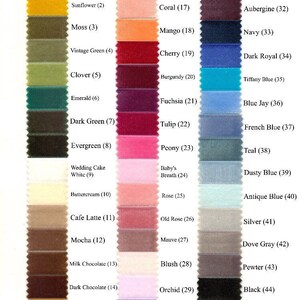 May include: A color chart titled "The Family Joolz Color Chart" displays 44 fabric swatches in various colors, each labeled with a name and number. Colors range from Lemon and Sunflower to Black and Lilac.