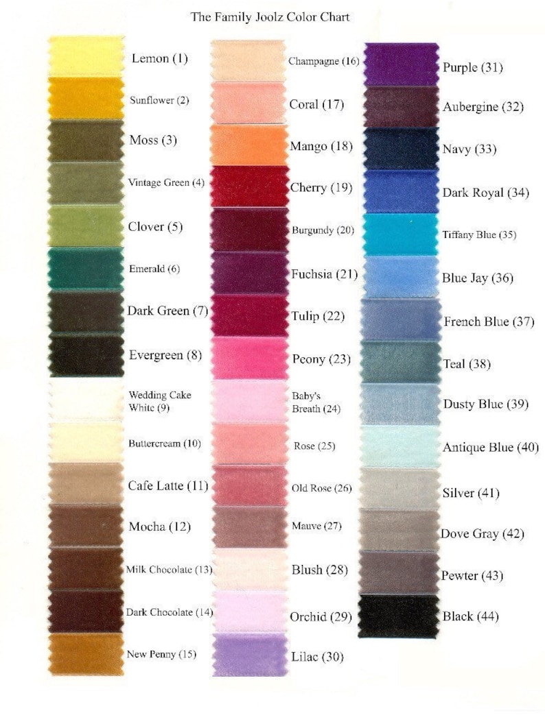 May include: A color chart titled "The Family Joolz Color Chart" displays 44 fabric swatches in various colors, each labeled with a name and number. Colors range from Lemon and Sunflower to Black and Lilac.