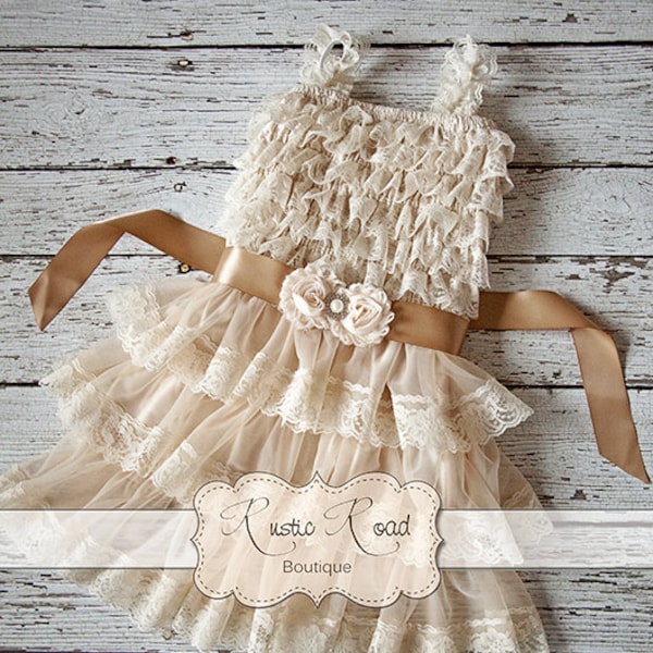 Flower Girl Dress - Rustic Flower Girl Dress - Ivory Dress - Country Girl Dress - Baby Lace Dress - Girls 8/9/10 - CHOOSE SASH RlBBON COLOR
