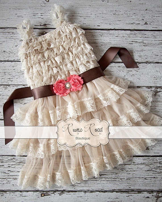 Rustic Flower Girl Dress Ivory Flower Girl Dress W Coral Etsy