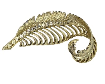 Vintage Gold Tone Rhinestone Feather Brooch Pin Curled Leaf Design