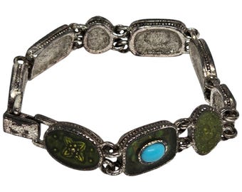 VTG Green & Blue Stone Bracelet W/ Silver-Tone Metal Links 7 Inches Boho Style