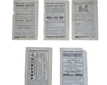 Lote de publicidad antigua de medicamentos patentados de 1885. Material efímero victoriano. Almanaque S.S.S.