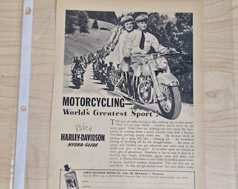 Anuncio impreso de motocicleta Harley Davidson Hydra Glide de 1950, el mejor deporte del mundo.