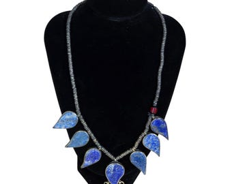 Collar llamativo vintage de lapislázuli, estilo bohemio sudoccidental, babero colgante Heishi