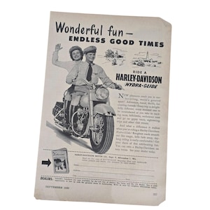May include: Vintage advertisement for a Harley-Davidson Hydra-Glide motorcycle. The black and white ad features a couple riding the motorcycle, with text that reads "Wonderful fun - Endless good times." The ad is dated September 1950.