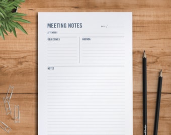 Meeting Notes Notepad with Agenda, Attendees, Notes, and Action Plan // 50 Sheets, Double-Sided 6x9&quot;