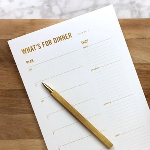 Gold Meal Planning Notepad // Weekly Meal Planner with Tear-off Grocery List & Refrigerator Magnet // gift for her, gift for mom image 1
