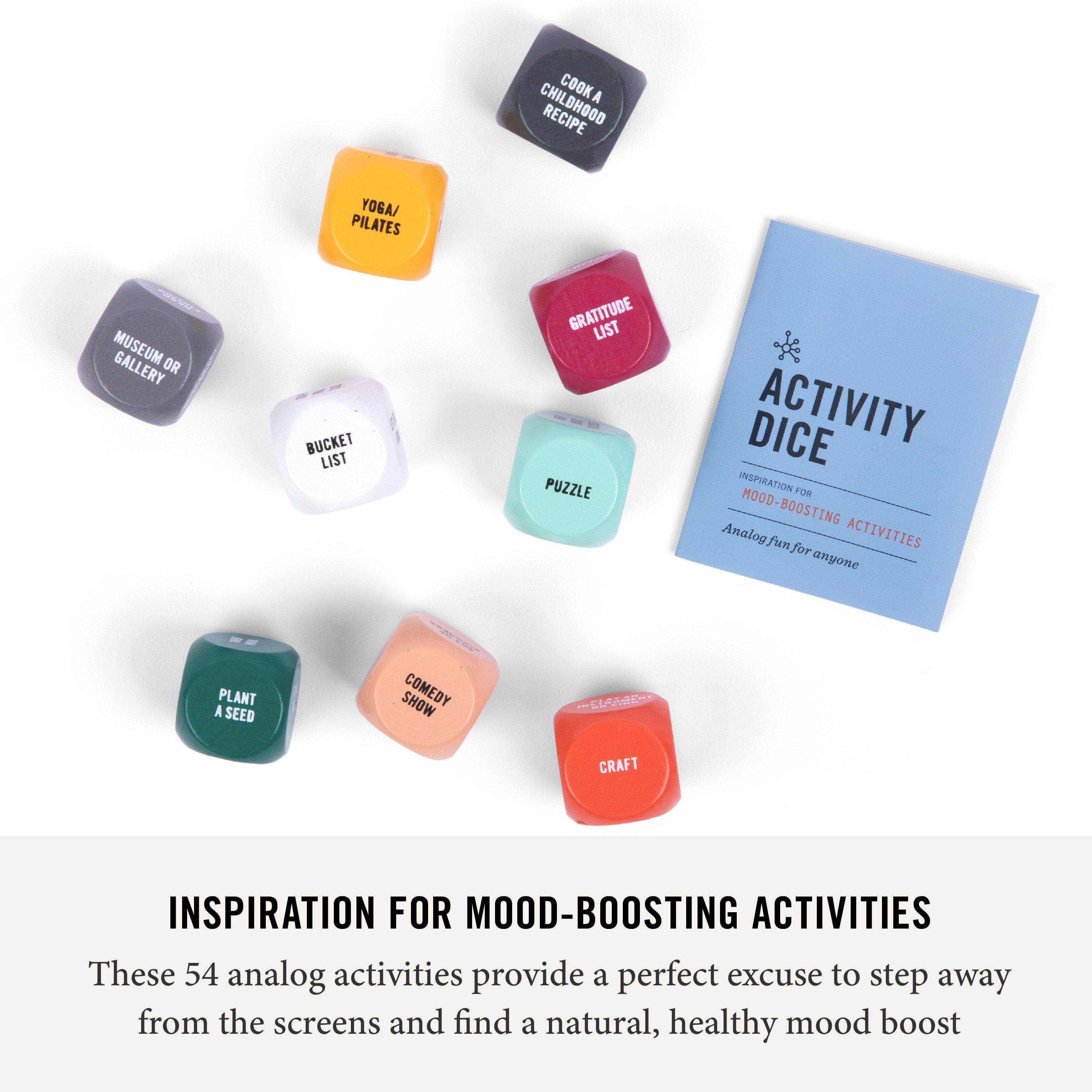 Mood-boosting Activity Dice // Non-digital Activities that Increase Well-being and Happiness / Unique gift, therapist tools, digital detox