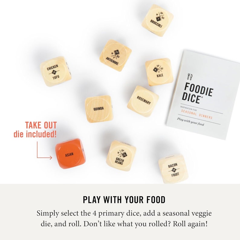 May include: A set of wooden dice with food-related words printed on each side. The dice are in various colors, including brown, beige, and orange. The dice are arranged in a circle on a white background. The text "YR FOODIE DICE" is printed on a white card in the upper right corner of the image. The text "INSPIRATION FOR SEASONAL DINNERS" is printed below the title. The text "Play with your food" is printed below the description.