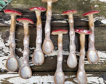 Ceramic toadstool, mushroom spoon. Whimsical fly agaric spoon.