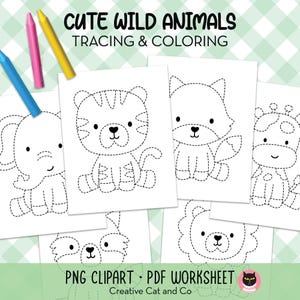 May include: A collection of printable worksheets featuring cute wild animals for tracing and coloring. The worksheets include outlines of an elephant, tiger, fox, giraffe, bear, and other animals. Colored pencils are in the upper left corner. The text reads "CUTE WILD ANIMALS TRACING & COLORING".