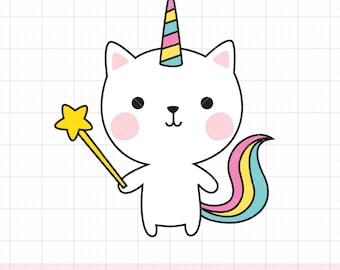 Könnte beinhalten: Eine weiße Katze mit einem rosa, blauen und gelben Einhornhorn und einem Regenbogen-Schwanz hält einen gelben sternförmigen Zauberstab.