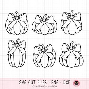 May include: Six black and white outline drawings of pumpkins with bows. Each pumpkin has a different bow design.