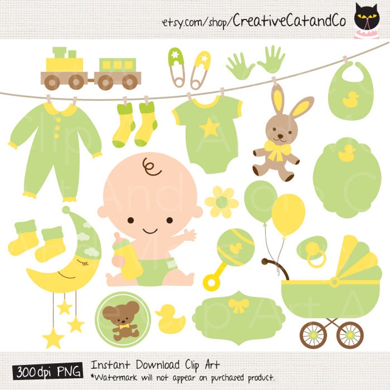 Green Baby Clipart Green Baby Shower Clipart Neutral Gender Etsy