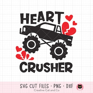 May include: Black and red graphic design with the text "Heart Crusher". A monster truck is driving over broken hearts.