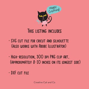 Pu&ograve; includere: Un gatto nero con una camicia a righe rosa e bianche tiene un paio di forbici e un rocchetto di filo. Il gatto tiene un fumetto che dice "Happy Crafting!" Il testo sotto il gatto dice "Questo elenco include: File di taglio SVG per Cricut e Silhouette (funziona anche con Adobe Illustrator), Clip art PNG ad alta risoluzione, 300 DPI. (circa 8-10 pollici sul lato pi&ugrave; lungo), File di taglio DXF. Creative Cat and Co."