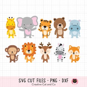 Puede incluir: Un conjunto de diez ilustraciones de animales de dibujos animados de colores. Los animales incluyen una jirafa, un elefante, un tigre, un oso, un hipopótamo, un mono, un león, un ciervo, una cebra y un zorro.