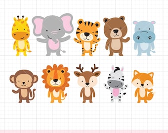 Safari Animals SVG PNG DXF Clipart | Jungle Animals Standing Poses | Lion, Tiger, Elephant, Monkey, Giraffe, Zebra, Fox, Bear | Cut Files