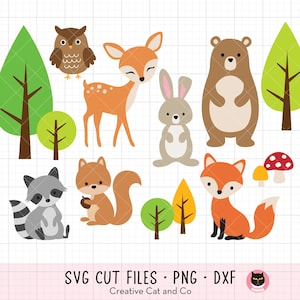 Animais da floresta SVG DXF Clipart, Animais da floresta, Urso, Veado, Guaxinim, Coelho, Raposa, Arquivos de corte svg dxf para Cricut e Silhouette Clip Art