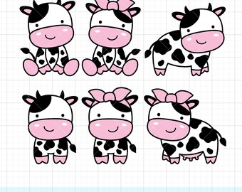 May include: A collection of six cartoon cow illustrations. Each cow is white with black spots, pink faces, and black accents. Some cows have pink bows. The cows are in various poses, including sitting and standing.