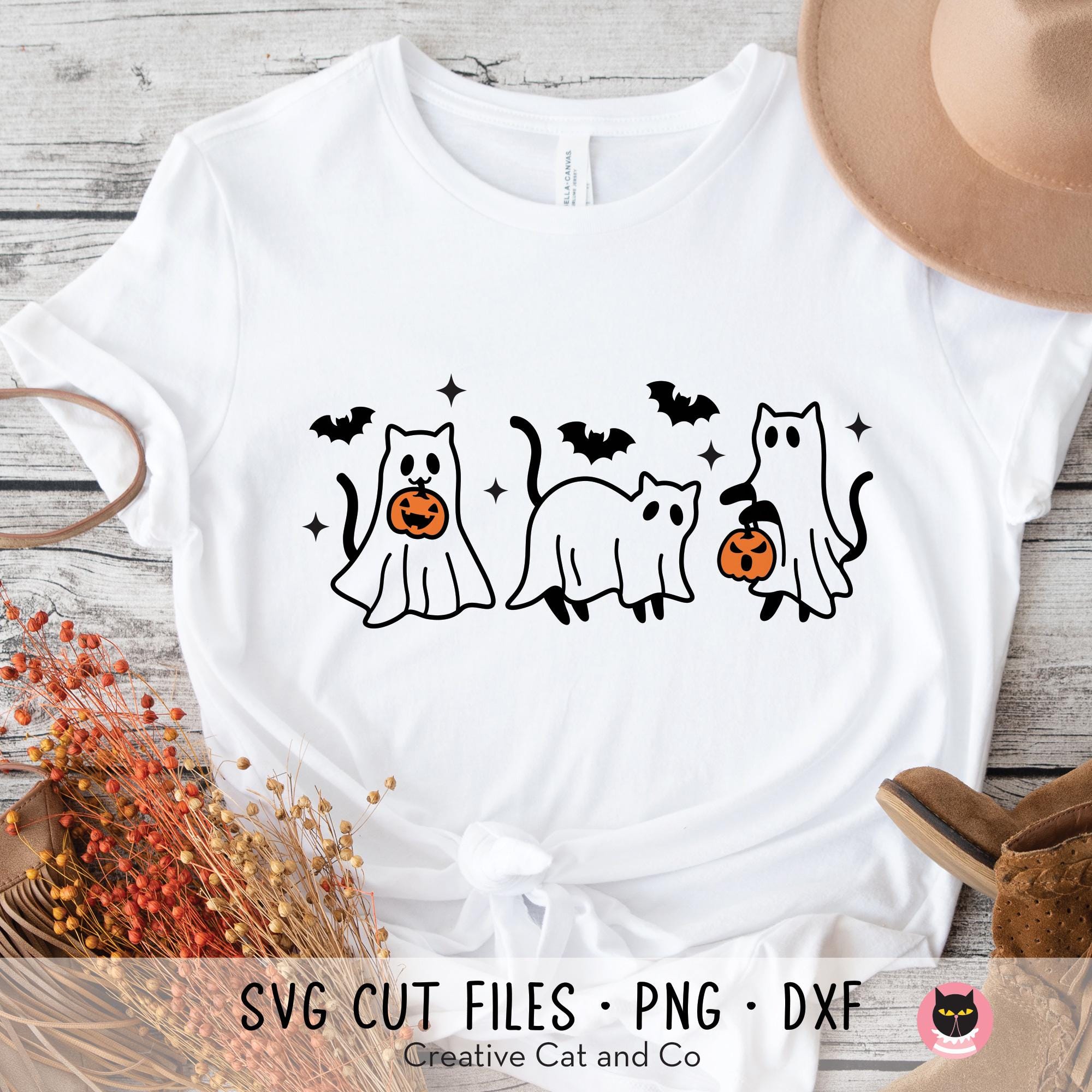Halloween Cat Ghost SVG PNG DXF Clip Art | Cute Ghost Cat With Pumpkins ...