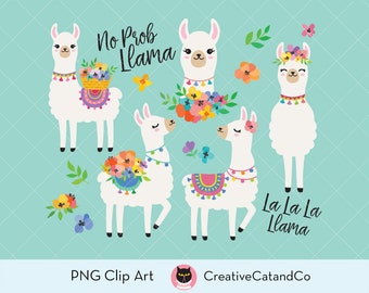 Cute Llamas with Spring Flowers Clipart, Spring Alpaca Llama Illustration Clipart Clip Art Set, Commercial Use